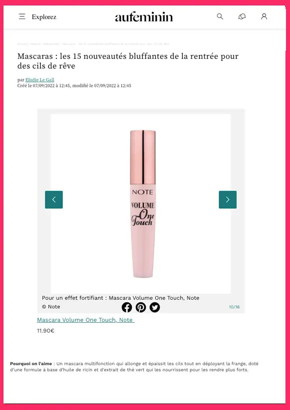 Article partenariats maquillage femme - Note Cosmétique Volume One Touch Waterproof Mascara