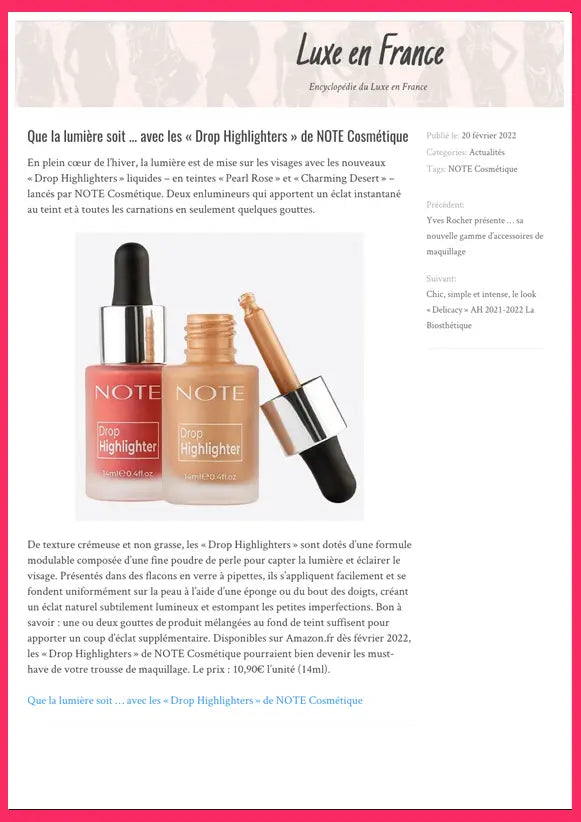Article partenariats maquillage femme - Note Cosmétique Drop Highlighter enlumineur liquide